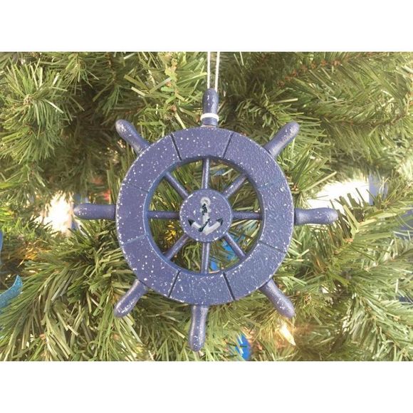 Rustic Dark Blue Decorative Ship Wheel With Anchor Christmas Tree Ornament 6"" - Picture 3 of 3